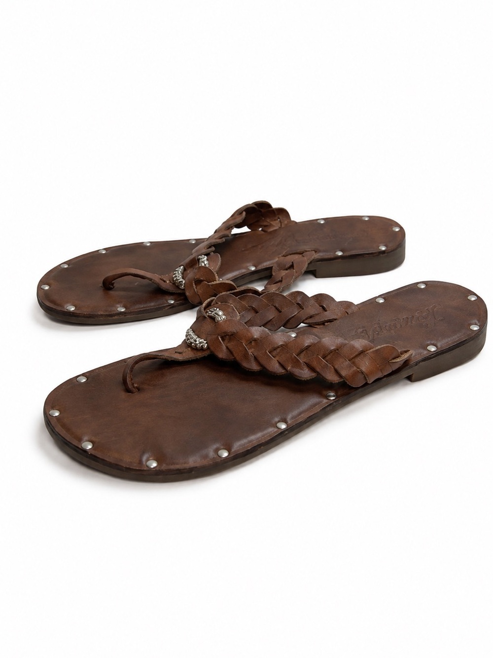 Brighton Brown Braided Leather Toe-Post Sandals with Silver Accents SIZE 9